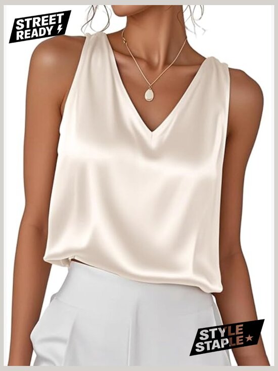 Tops - V Neck Satin Tank Top Women Sleeveless Blouse Camisole Dressy Summer